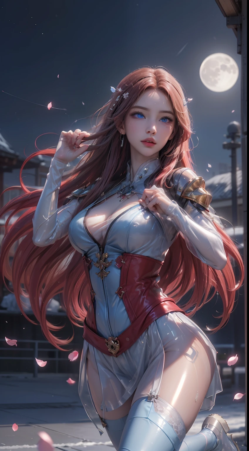 (logo, masterpiece, 8k, table top, RAW photo, wonderful, 最high quality, Photorealistic and hvery detailed CG integrated 8k wallpaper, high quality, very detailed, Narrative poem, particle effects, dynamic effects, written boundary depth, cinematic light, Lens flare, ray tracing, cloud,colorful)), fantasy, ((1 beautiful woman, clear blue eyes, red long hair, beautiful face, real face, beautiful detailed eyes, beautiful skin, woman dancing gracefully:1.7, woman dancing gracefully:1.7)), 長い髪がWindでなびく, long hair bounces, 長い髪がWindで踊る, hair jump, halter neck, plug suit, red leather pants, red leather jacket, red bodysuit, silver earrings, ((night, Wind, darkness, moon light, full moon, night空, Wind, cherry blossoms, cherry blossomsの花びらが舞っている, cherry blossoms吹雪, falling petals, flying petals)), hip up, robot, mecha musume,intricate mechanical bodysuit, mech corset, full armor