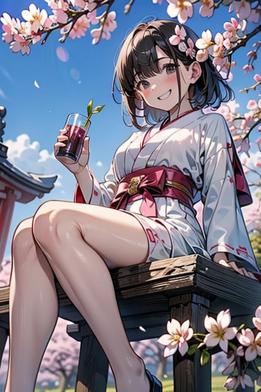 １girl、18-year-old、shrine maiden&#39;s attire、Climb a cherry tree and sit on the branch、anatomically correct、laughing、cherry blossom viewing、drinking juice、Cherry tree in full bloom、Hanabubuki、blue sky、A Japanese shrine can be seen in the distance、dutch angle、Photographed from below looking up、Realistic、masterpiece、High and fine、High definition