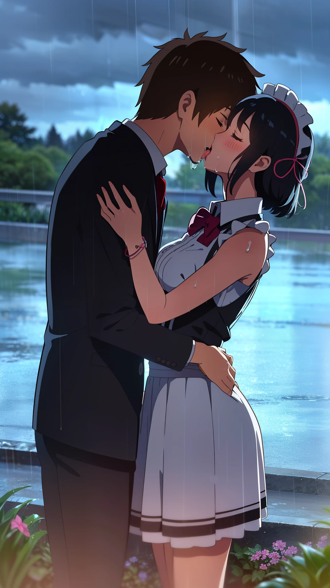 shinkai makoto, kimi no na wa., 1girl, 1boy, bangs, black hair, blush, (boy wear Suspender Clothes), ((girl wear maid dress, short dress, short skirt, maid headdress), bow, ribbon, short hair, cute, love, couple, adorable, Off-the-shoulders, dating, (((kiss, deep kiss, tongue, saliva))), closed eyes, bracelet, passionate hug, wet, under a tree and it rains, (Wet body, wet hair, soaking wet, dripping water), flower field, night, night sky, cloudy, dynamic lights