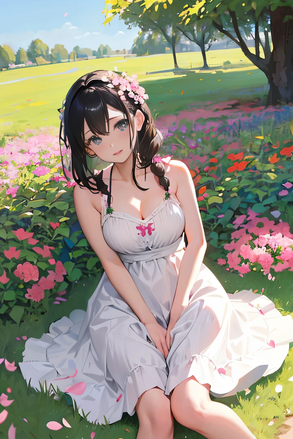 Woman, look at viewer, French braid hair , Sakura kimono ,  garden landscape design, (rim light) cherry blossom grove kimono., hair ornaments 