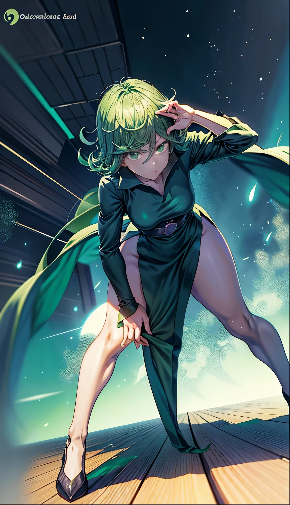 anime girl with green hair and black dress, an anime drawing by Shitao, pixiv, fantasy art, top rated on pixiv, at pixiv, tatsumaki from one punch man, beautiful anime girl,jack-O' challenge pose, bending over, seductive anime girl, the anime girl is crouching, tatsumaki