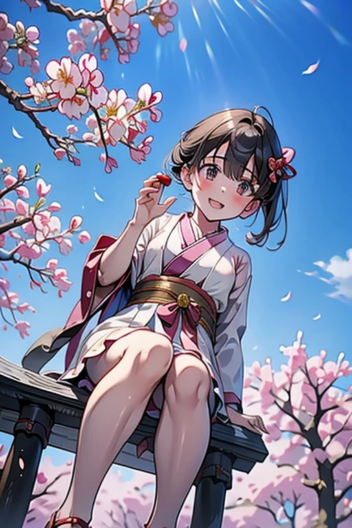 １girl、18-year-old、shrine maiden&#39;s attire、Climb a cherry tree and sit on the branch、anatomically correct、laughing、cherry blossom viewing、drinking juice、Cherry tree in full bloom、Hanabubuki、blue sky、A Japanese shrine can be seen in the distance、dutch angle、Photographed from below looking up、Realistic、masterpiece、High and fine、High definition