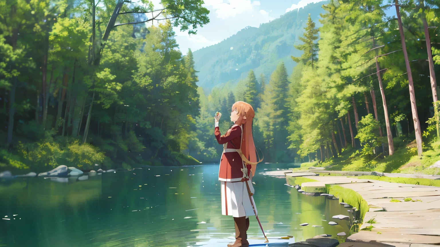 (highest quality, 8k, ultra high resolution, absurd:1.2), (Yuuki Asuna - Sword Art Online), ( long and beautiful hair, honey eyes, adult, mature, blush, shy, cute ), (standing by the lake in the forest )、wallpaper