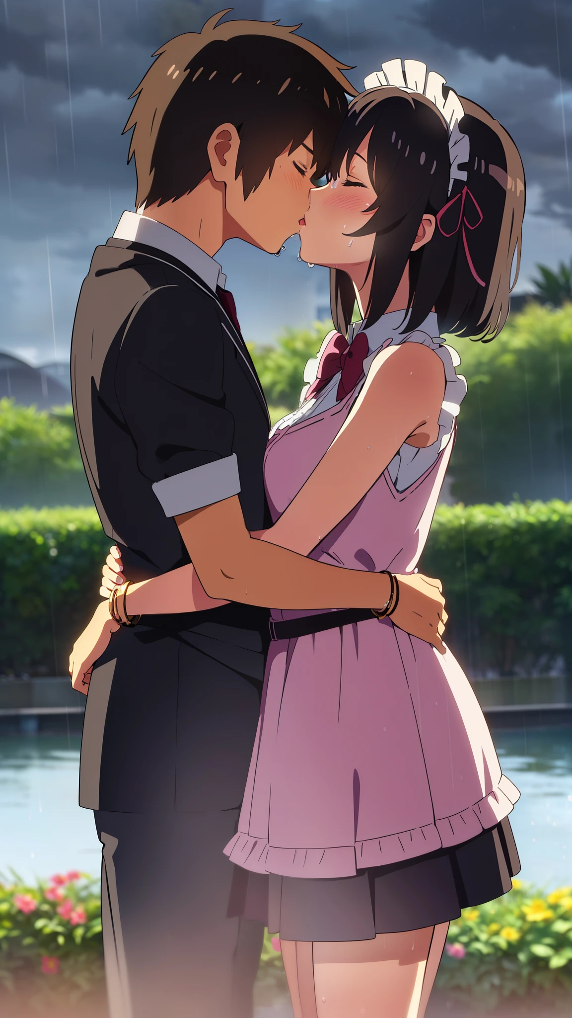 shinkai makoto, kimi no na wa., 1girl, 1boy, bangs, black hair, blush, (boy wear Suspender Clothes), ((girl wear maid dress, short dress, short skirt, maid headdress), bow, ribbon, short hair, cute, love, couple, adorable, Off-the-shoulders, dating, (((kiss, deep kiss))), closed eyes, bracelet, passionate hug, wet, under a tree and it rains, (Wet body, wet hair, soaking wet, dripping water), flower field, night, night sky, cloudy, dynamic lights