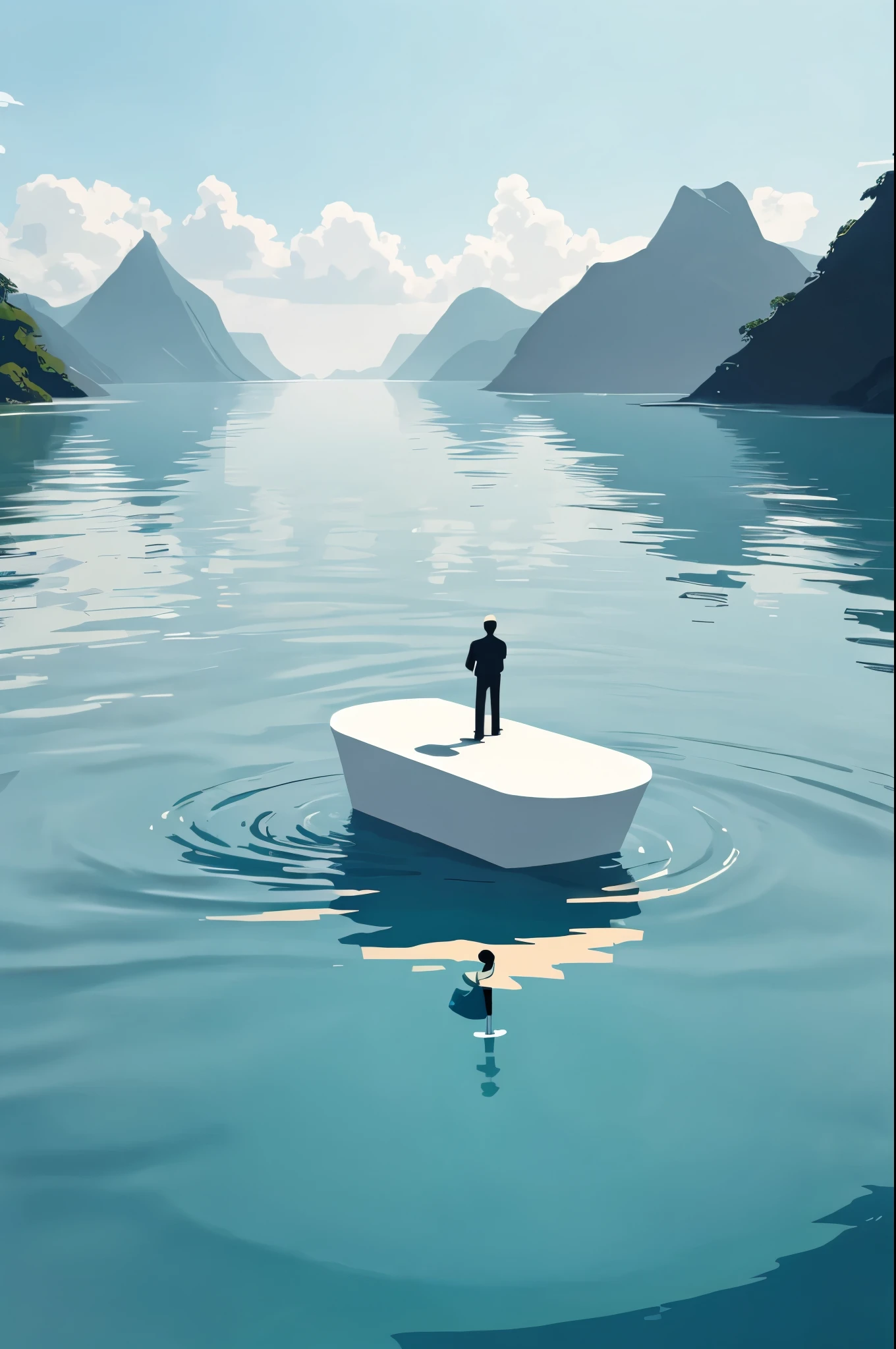 1 Man floating on the water，minimalist，animation art style