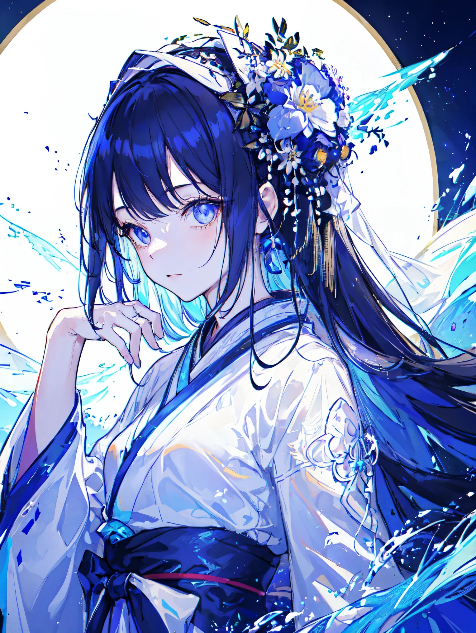 highest quality, masterpiece, High resolution,, 1 girl, detailed face, (Upper body:1.6), cyber city, mountains and rivers, night, Firefly Light, anime style, rich in details, (white hanfu:1.2), (beautiful body:1.4),illuminated by bright light