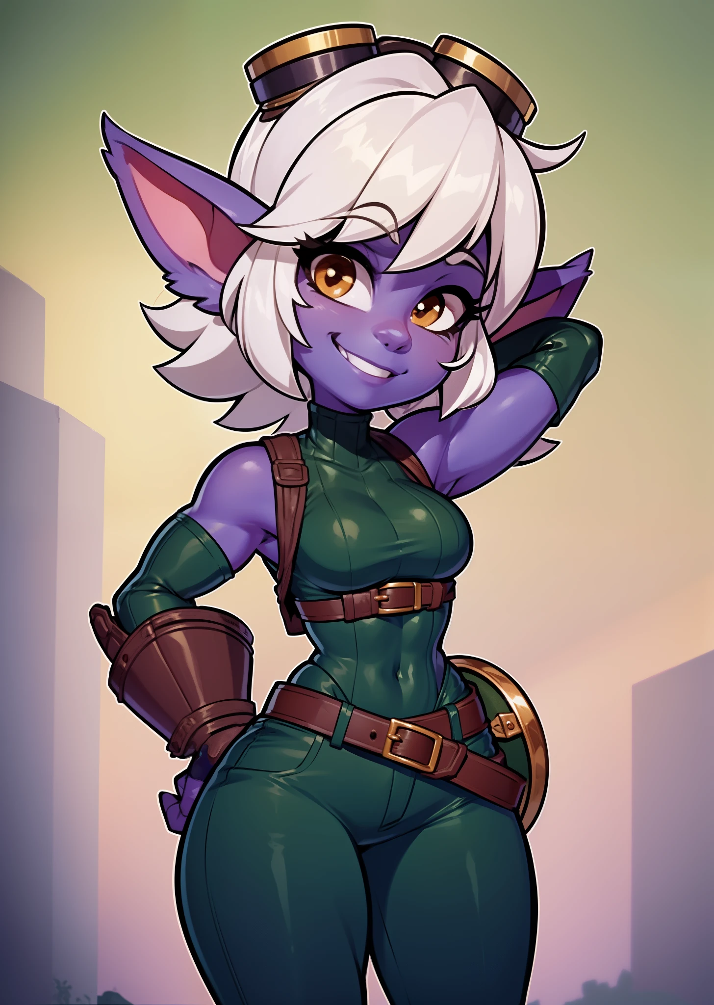 [tristana], [LOL], ((masterpiece)), ((HD)), ((high res)), ((beautiful render art)), ((solo portrait)), ((waist-up)), ((front view)), ((detailed shading)), {(attractive), (short), yordle, (purple skin), (elf ears), (short white hair), (cute brown eyes), (detailed iris), (short eyelashes), (sharp nails), (curvy hips), (detailed abs), (thick thighs), (detailed legs), (beautiful legs), (cute smile), (excited expression)}, {(green sleeveless shirt), (tight green pants), (brown belt), (utility belt), (brown gauntlets), (fingerless gloves), (goggles on head)}, {(standing), (hands on head), (looking at viewer)}, [background; (forest), (blue sky), (sun rays), (ambient lighting)]