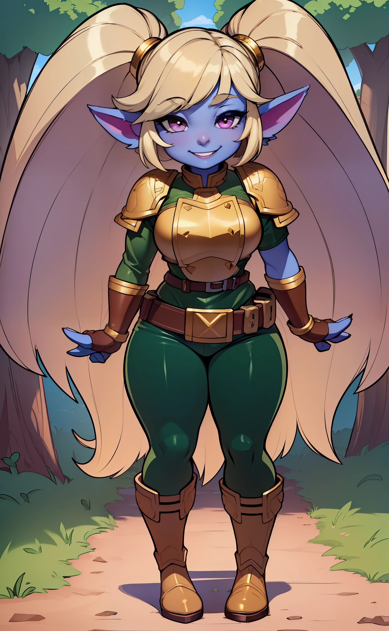 [poppy], [LOL], ((masterpiece)), ((HD)), ((high res)), ((beautiful render art)), ((solo portrait)), ((full body)), ((front view)), ((feet visible)), ((detailed shading)), {(attractive), (short), yordle, (blue skin), (elf ears), (blonde hair), (twintails), (cute magenta eyes), (detailed iris), (short eyelashes), (sharp nails), (curvy hips), (thick thighs), (beautiful legs), (detailed legs), (beautiful lips), (cute smile), (excited expression)}, {(brown and gold armor), (tight green pants), (brown belt), (utility belt), (brown gauntlets), (brown gloves), (brown boots), (golden knee pads)}, {(standing), (hands on hops), (looking at viewer)}, [background; (forest), (blue sky), (sun rays), (ambient lighting)]