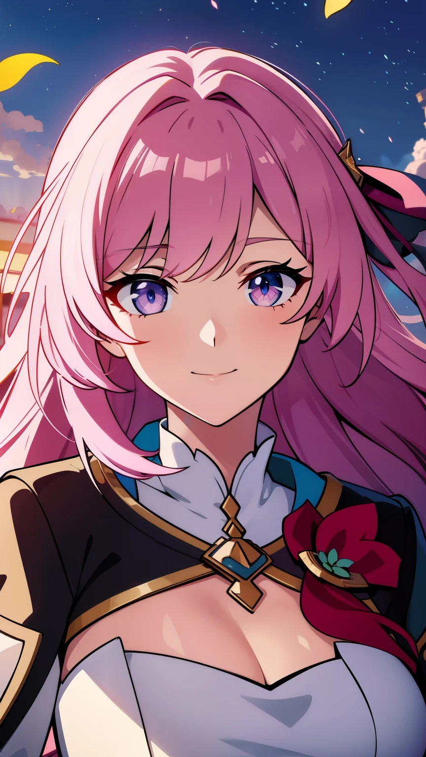 (high-quality, breathtaking),(expressive eyes, perfect face) portrait, 1girl, female, solo, young teen, black and pink hair, pink eye color, long hair length, soft wavy hair, gentle smile, loose hair, side bangs, looking at viewer, portrait, half body, happy expression, ribbon in hair, flower in hair, fantasy clothing, elegant, mature, height 4"3, adventurer attire, warlock attire, warlock profession, short height, Dungeons & Dragons character, jacket, dress, winged cape, Firefly Honkai Star Rail Character, flower petals, Firefly
