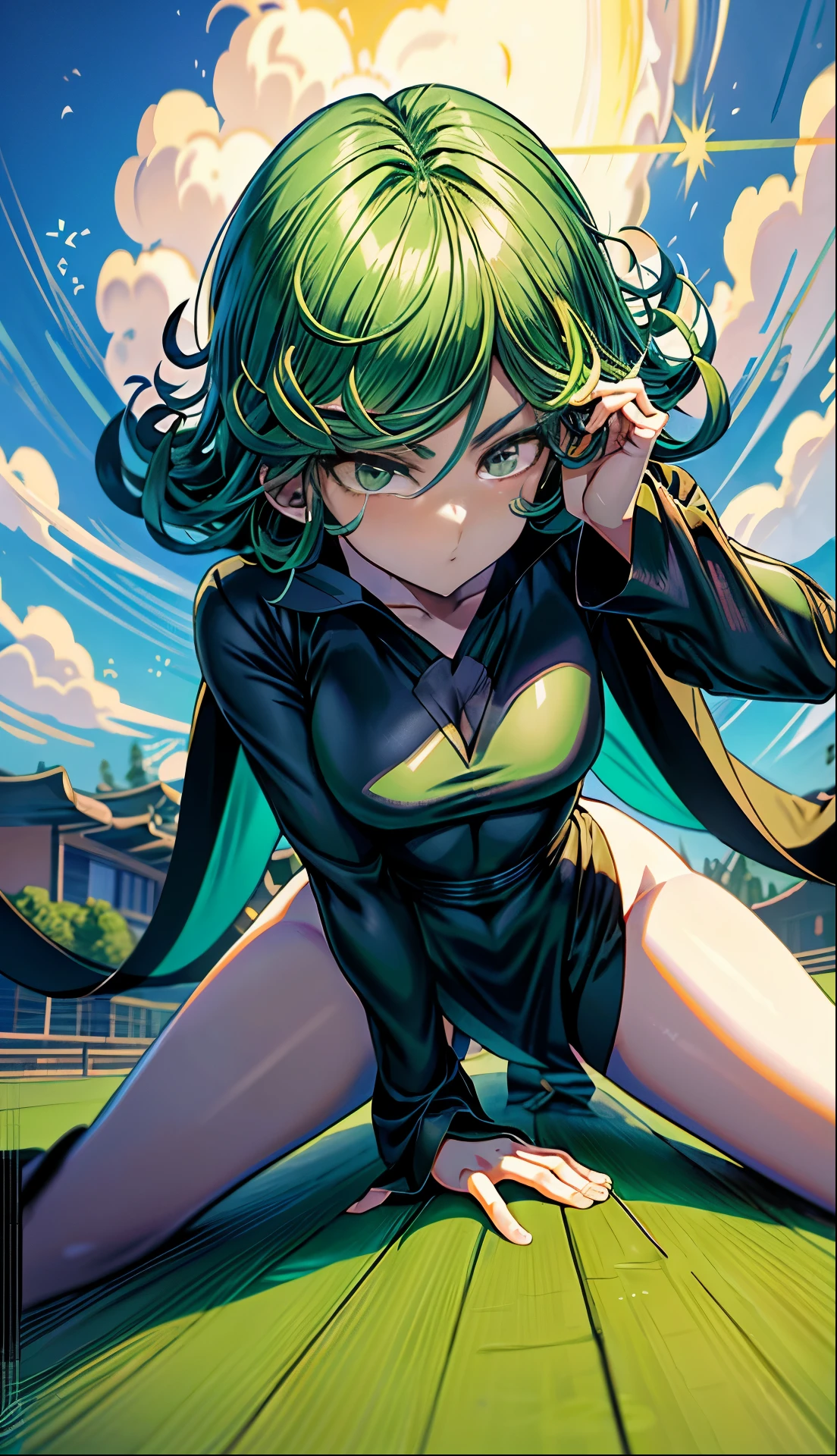 anime girl with green hair and black dress, an anime drawing by Shitao, pixiv, fantasy art, top rated on pixiv, at pixiv, tatsumaki from one punch man, beautiful anime girl,jack-O' challenge pose, bending over, seductive anime girl, the anime girl is crouching, tatsumaki