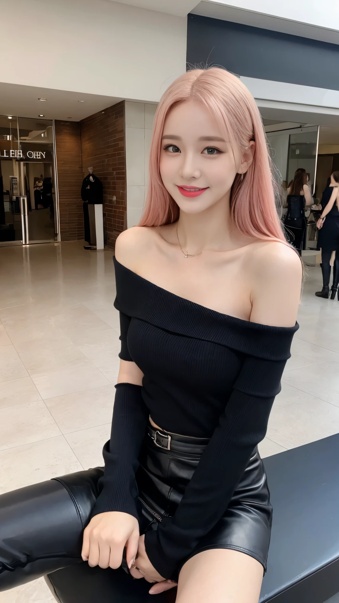 (lifelike, High resolution:1.3), 1 Girl with perfect body、leather skirt、(knee high boots)、Long Hair、Off-shoulder top、Looking at Viewer、Shopping Centre、smile、emphasize the chest、pink hair