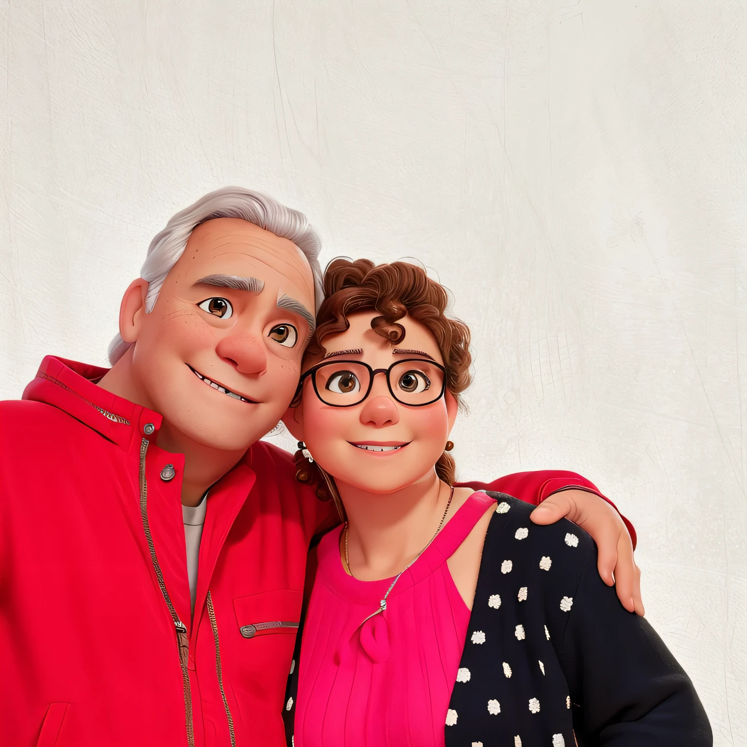 Happy middle aged couple. He has white hair and brown eyes. She has short hair, brown eyes and brown curly hair.