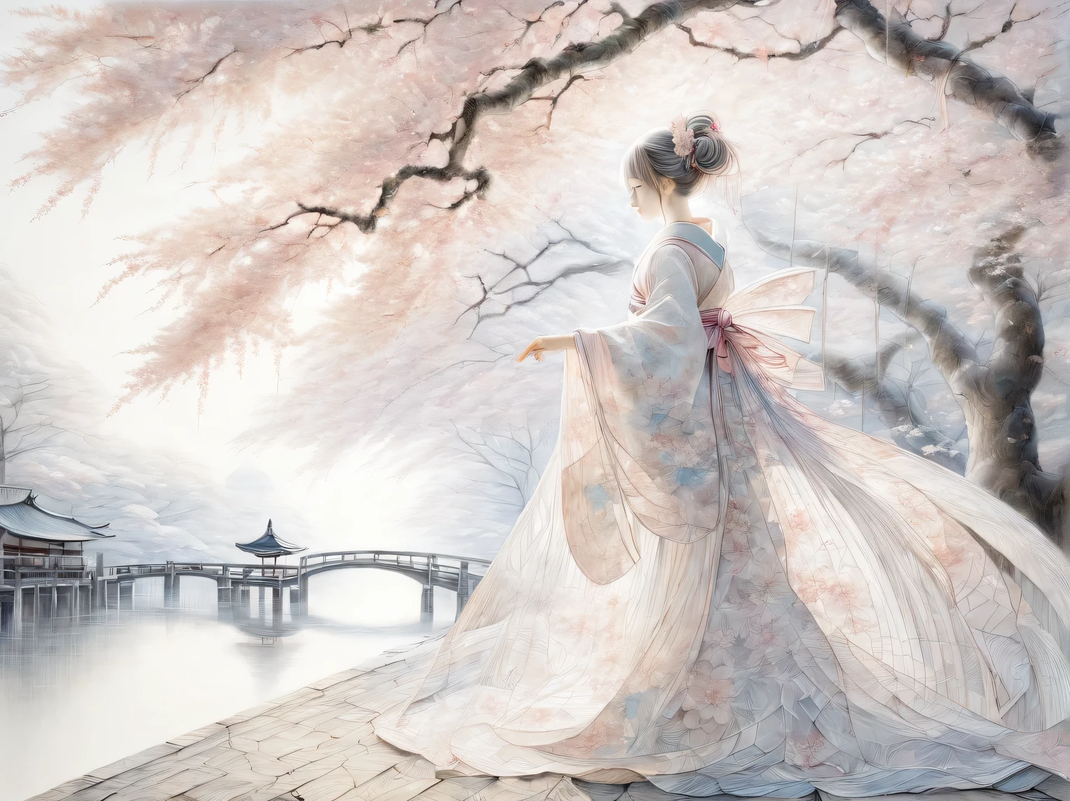 Sakura Girl, very beautiful picture, combining various drawing techniques, Ultra-fine lines and crisp details create the illusion of a three-dimensional image, and the play of light and shadow creates a feeling of living space in the picture, made in oil and acrylic., drawn with pastel and graphite, Masterpiece, Master&#39;s work