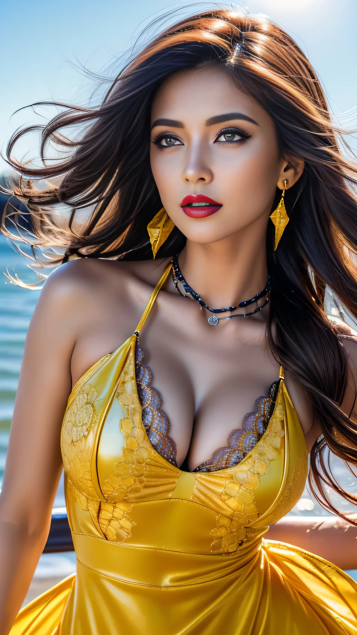 dress a beautiful girl with a perfect figure in something nice, made of available materials ((silk), canvas, nylon, ((fishnet)), ((latex, leather)), [lacy], (lace-up), (((jewelry:1.4))), (chain), bracelets, steel, pendants, ((earrings)), (sunglasses, handbag, phone, everyday items))), ((I encourage you to choose the right background for your phenomenally drawn creation)), (((Random hair color, hairstyle:1.22))), ((experiment, combine complex, multi-layered materialperiment with Armor and delicate materialperiment with the entire palette of colors and shadows)), ((anatomically correct:1.4)), ((perfect proportions:1.4)), (Increase quality:1.4), (best quality real texture skin:1.4), ( (photorealistic:1.55), (raw, 8K:1.2), (hyper realistic), (最high quality, 8K, 16K, table top, Ultra HD), (masterpiece:1.3) ), ((ultra sharp fous)), (((backlighting:1.25))), (super beautiful face:1.6)、(super detailed face:1.5)、(detailed eyes:1.2)、(detailed lips:1.32)、(Detailed nose:1.25)、Attention to detail, Double eyelids, full bodyesbian, and if you want, you are standing, kneeling, Sitting astride a chair, ((random facial expression)), (medium Contrast), (muted colors), long leg, medium ass, ((layer cut: 1.25)), ((Brightly colored clothing)), ((Lively,Active,vivaciousness)), (Erotic:1.6), (((fullcolored long dress:1.43))), (Look sideways, look up, look down), ((ultra sharp focus)), ((black_eyeshadows:1.4))、 (very dark dark red_lipstick:1.42)、(perfect round eyes)、 (brown_eyes:1.33)、 black_makeup:1.35、((very intricate design of epic long lace-up dress:1.32)), ( (beach night), (the stars are shining), (night), ((wind in your hair)) ), (firm normal full breasts:1.3), (looking at viewer), ((wide shot, sideways)), ((dynamic pose:1.25))