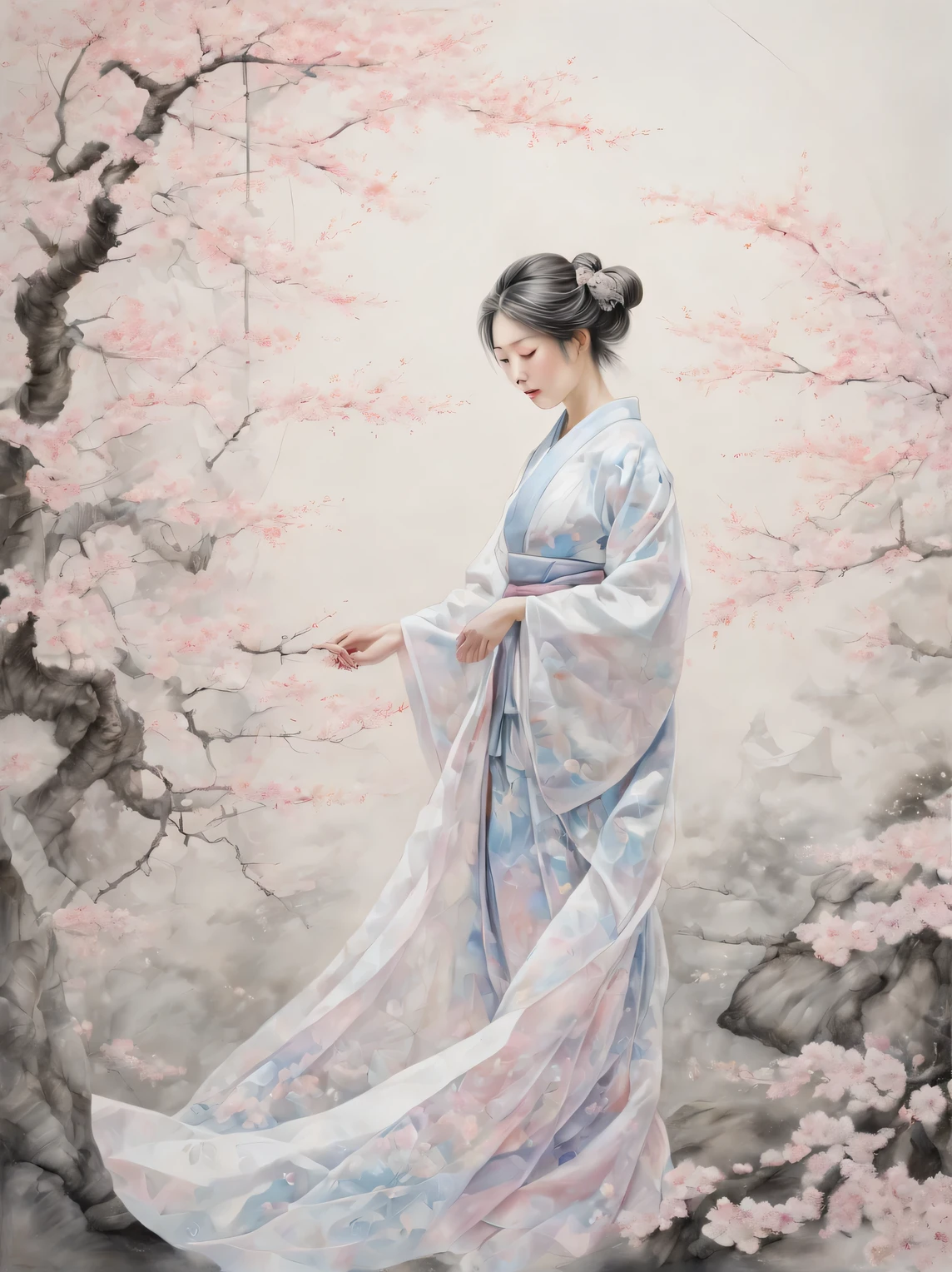 Sakura Girl, very beautiful picture, combining various drawing techniques, Ultra-fine lines and crisp details create the illusion of a three-dimensional image, and the play of light and shadow creates a feeling of living space in the picture, made in oil and acrylic., drawn with pastel and graphite, Masterpiece, Master&#39;s work