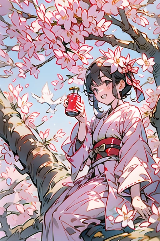 １girl、18-year-old、shrine maiden&#39;s attire、Climb a cherry tree and sit on the branch、anatomically correct、laughing、cherry blossom viewing、drinking juice、Cherry tree in full bloom、Hanabubuki、blue sky、A Japanese shrine can be seen in the distance、dutch angle、Photographed from below looking up、Realistic、masterpiece、High and fine、High definition
