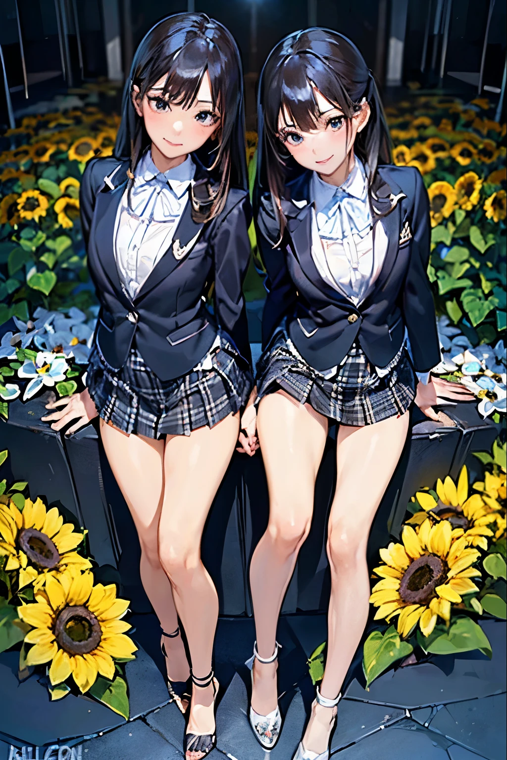 NSFW, ((Standing upright with one leg in front of the other)),(full body shot, full body view), ((cute and symmetrical face)),8k, masterpiece, RAW photo, best quality, photorealistic, extremely detailed CG unity 8k wallpaper,(biologically correct form),(masterpiece:1.2, top-quality), (realistic, photorealistic:1.4), beautiful illustration, (natural side lighting, movie lighting), looking at viewer, ((focus on face)), 1 girl, 25 years old, perfect face, perfect body, shiny skin, beautiful hair, beautiful face, beautiful eyes, symmetrical beautiful detailed eyes, beautiful body, beautiful chest, beautiful arms、beautiful thigh, ((beautiful long thin legss)), (small butt),blush, (symmetrical black Stiletto heels and anklets), (biologically correct form), (lovely smile), ((blue blazer, close clothes), white collared shirt, black plaid pleated skirt, tie)、clear、The background is a flowerbed with sunflowers.