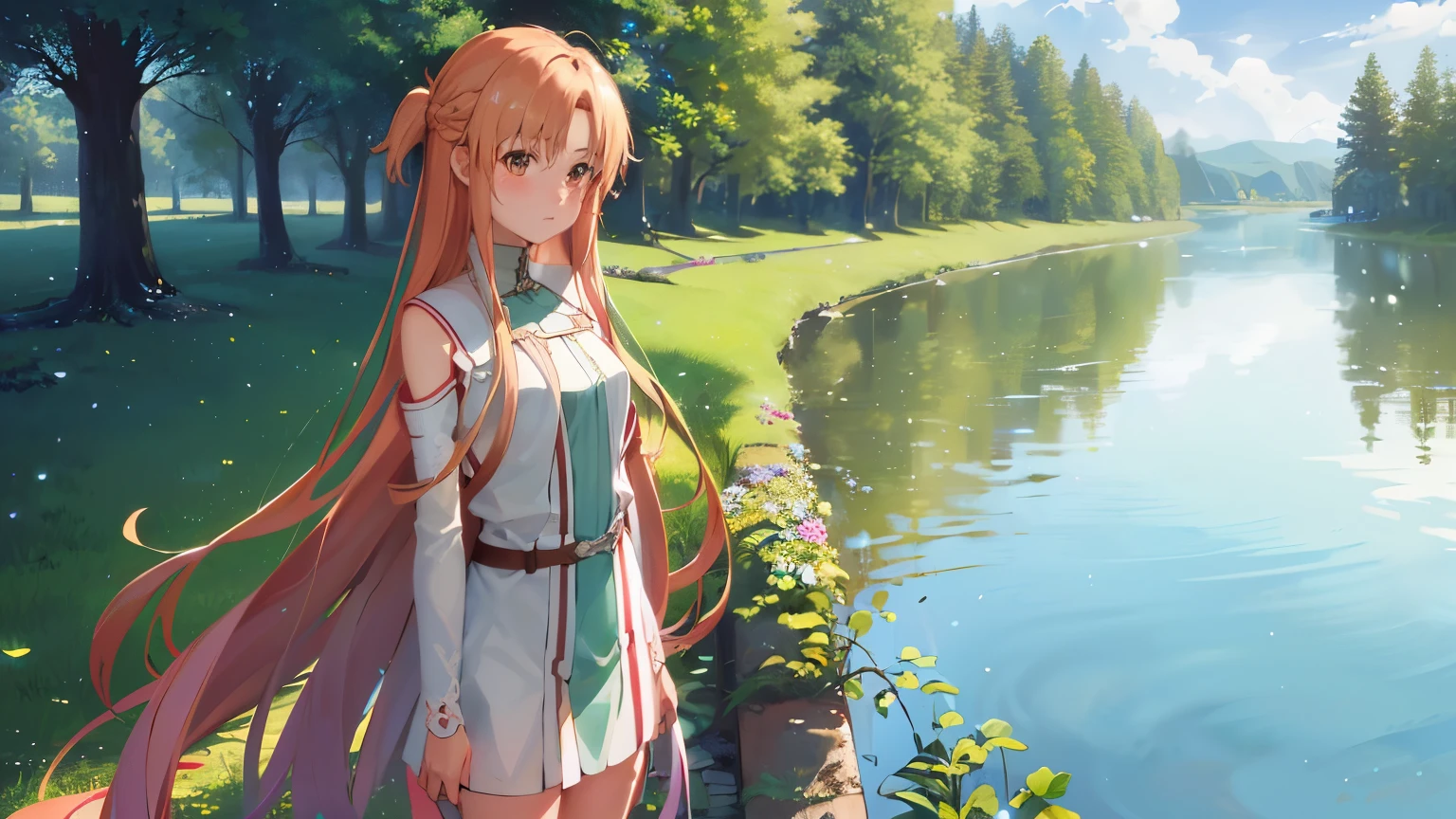 (highest quality, 8k, ultra high resolution, absurd:1.2), (Yuuki Asuna - Sword Art Online), ( long and beautiful hair, honey eyes, adult, mature, blush, shy, cute ), (standing by the lake in the forest )、wallpaper、((Completely naked)),(((pubic hair))),