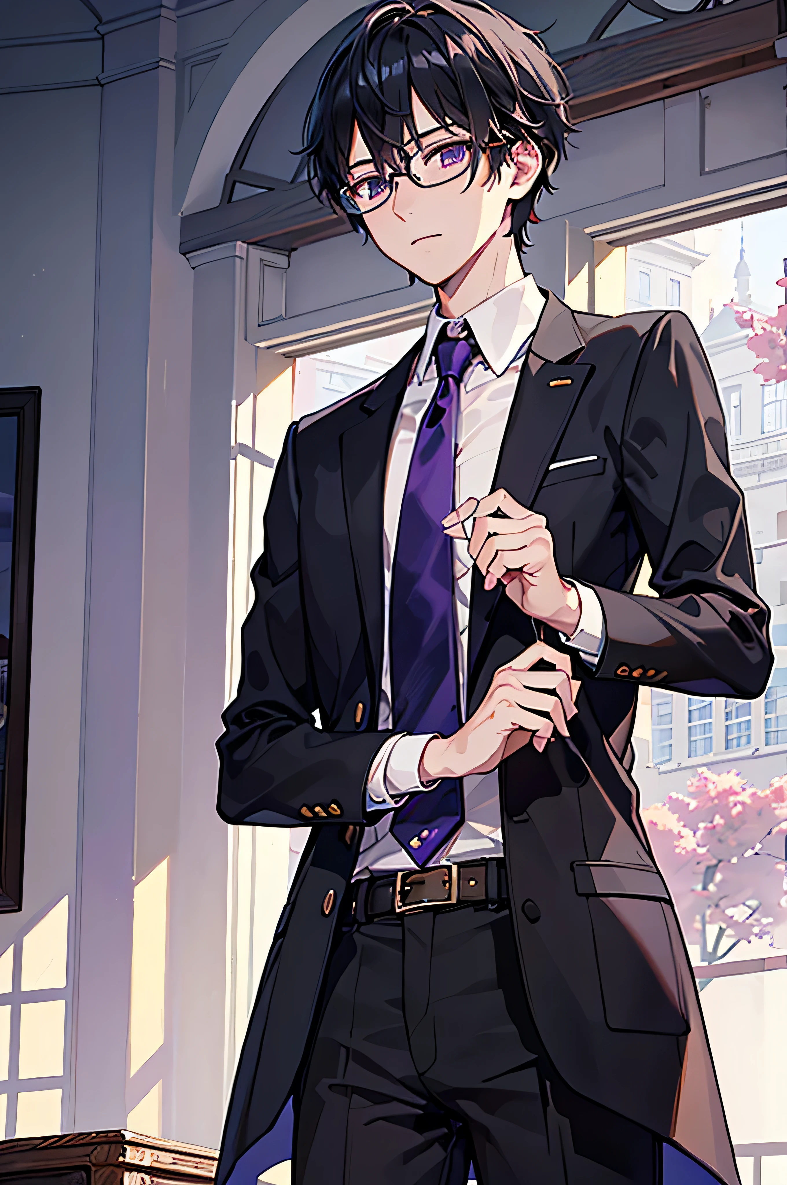 1.5, best quality, high quality, High definition, High quality texture, high detail, beautiful detailed, finely detailed, extremely detailed cg, detailed texture, 1man, boy, male, ((student council president)), authoritative, punctual, wearing glasses, short hair, black hair, purple eyes, clean school uniform
