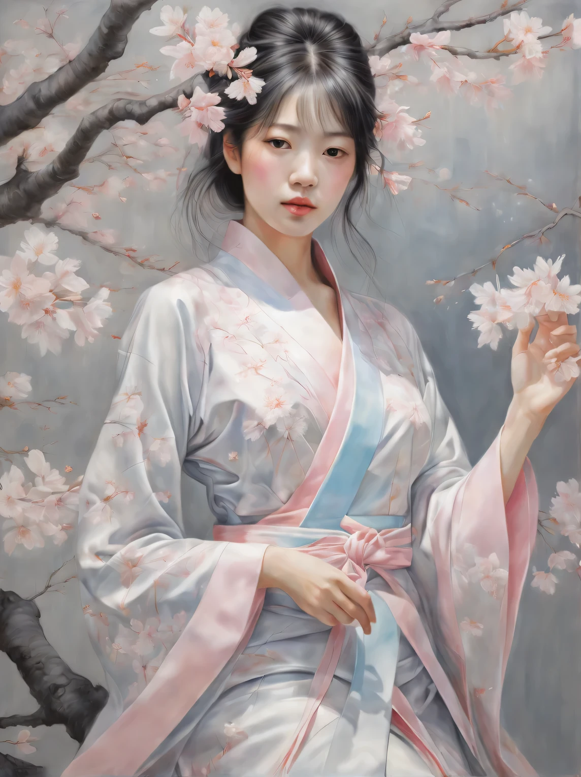 Sakura Girl, very beautiful picture, combining various drawing techniques, Ultra-fine lines and crisp details create the illusion of a three-dimensional image, and the play of light and shadow creates a feeling of living space in the picture, made in oil and acrylic., drawn with pastel and graphite, Masterpiece, Master&#39;s work