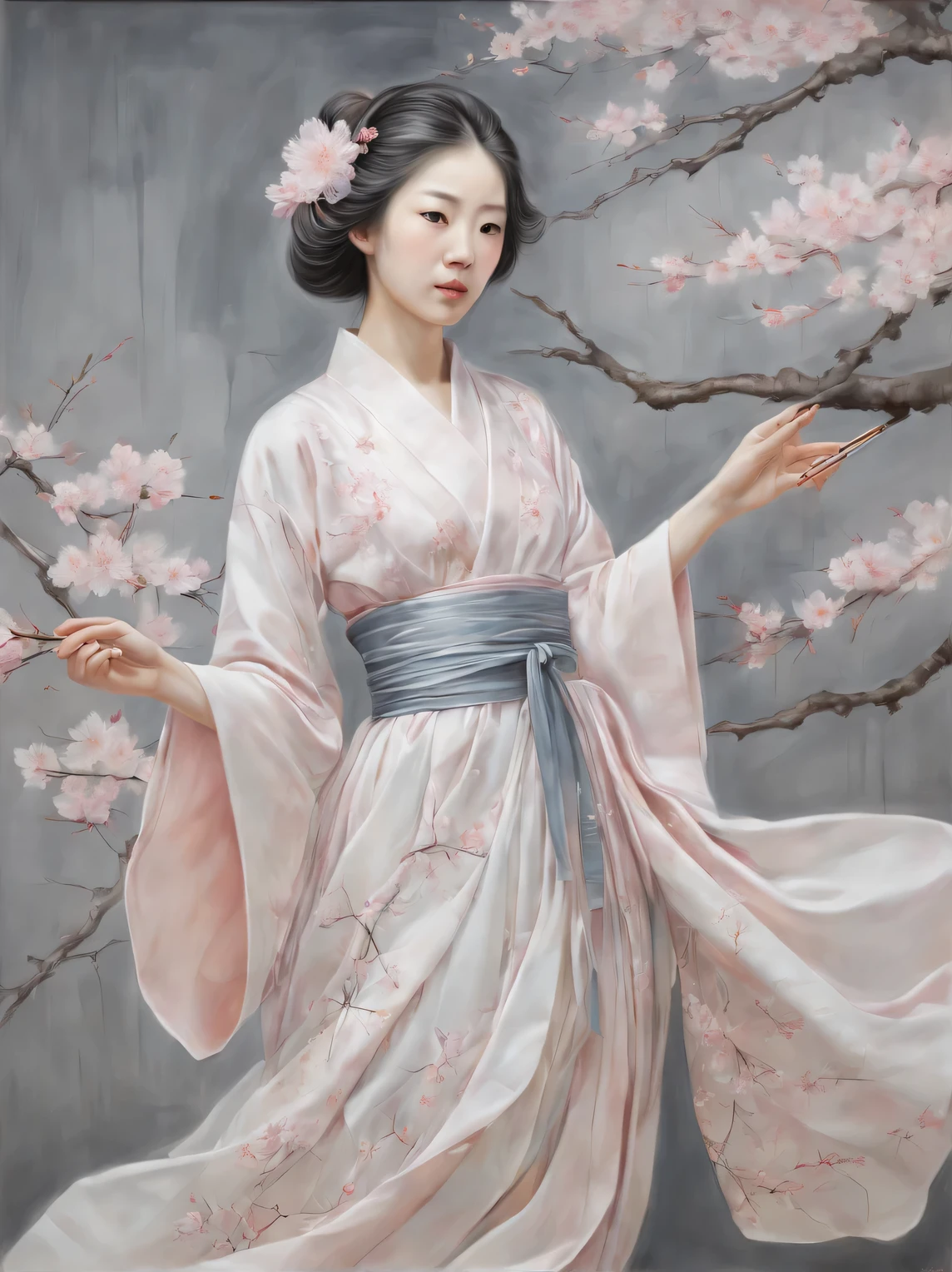 Sakura Girl, very beautiful picture, combining various drawing techniques, Ultra-fine lines and crisp details create the illusion of a three-dimensional image, and the play of light and shadow creates a feeling of living space in the picture, made in oil and acrylic., drawn with pastel and graphite, Masterpiece, Master&#39;s work