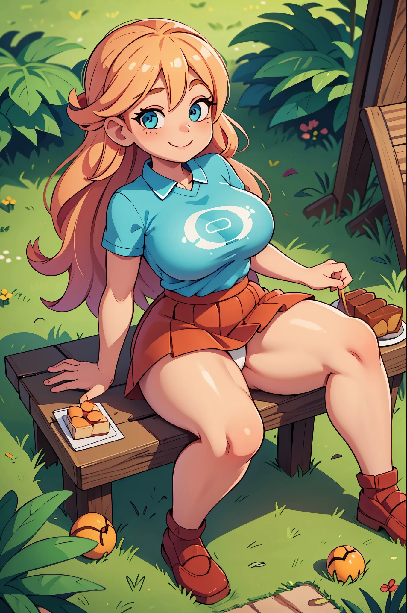 1girl, leaf Pokemon, full body, curvy body, beautiful eyes, detailed eyes, long eyelashes, visible thighs, sitting, red skirt, blue shirt, knees together, smile, upskirt, white panties, on a picnic, cake, food, drinks, chocolates, a bouquet of flowers, pokeballs, pokemon, vibrant colors, soft lighting, looking at viewer, high angle shot, (best quality, 4k, highres, masterpiece:1.2), ultra-detailed, realistic:1.37, professional, vivid colors, concept artists style, soft light, vibrant colors, dusty pink color tone. Blonde haired female, long hair , smiling, muscular thighs, muscular legs, chubby legs, chubby thighs, meaty legs, meaty thighs, thick legs, thick thighs, fat thighs, curvaceous, long, Rubenesque, large breasts, large butt, large ass, voluptuous thighs, voluptuous legs