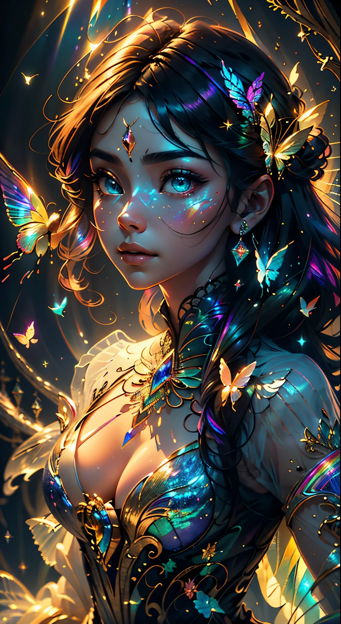(((masterpiece))), (((best quality))), ((ultra-detailed)),(highly detailed CG illustration), ((an extremely delicate and beautiful)),cinematic light, Create a stunning fantasy artwork that mimics the style of currently trending masters of the genre. The art piece should contain elements of both mythic fantasy and fairytale fantasy with colorful rainbow accents and dark jewel-toned hues. ((Utilize the rainbow as the main color scheme.)) The character in the artwork is a delicate but strong figure with an aura of mystery and magic. Pay close attention to intricate facial features, such as mesmerizing eyes with vibrant colors and bold shading. The character's clothing should be designed with gossamer feathers, silk, stunning embroidery, and subtle iridescent details. Incorporate (((translucent iridescent rainbows))), dreamy colors, dynamic lighting, and detailed background elements to create a sense of awe and immersion. ((Include colorful flying magical birds and jewel-toned rainbow butterflies radiating a magical aura.)) Consider the latest trends in fantasy art, such as incorporating unique lighting effects, exploring dynamic and compelling composition techniques, and experimenting with unique color palettes. Take inspiration from the top artists on ArtStation and Midjourney. Camera: Choose an angle that highlights the character's beauty and enhances the magical majesty of the artwork. Lighting: Utilize atmospheric lighting techniques to create depth and mood. Resolution: Aim for a high-resolution artwork to showcase intricate details and clarity. Art Inspirations: Seek inspiration from the trending artists on ArtStation, exploring different styles, genres, and themes.