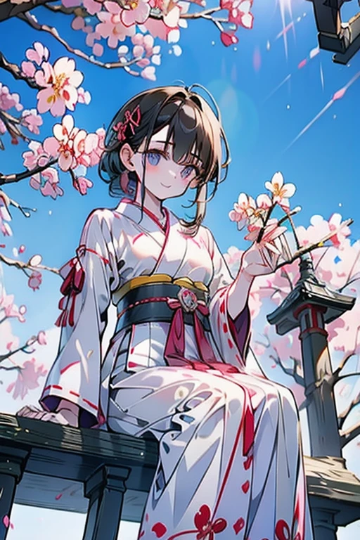 １girl、18-year-old、shrine maiden&#39;s attire、Climb a cherry tree and sit on the branch、anatomically correct、laughing、cherry blossom viewing、drinking juice、Cherry tree in full bloom、Hanabubuki、blue sky、A Japanese shrine can be seen in the distance、dutch angle、Photographed from below looking up、Realistic、masterpiece、High and fine、High definition