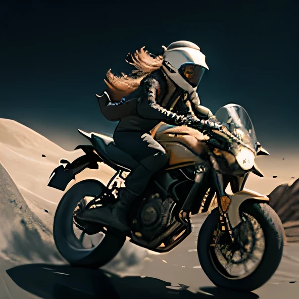 In the vast and desolate lunar landscape, An adventurous young woman speeds by on a motorcycle, Leaves a trail of lunar dust. With skillful control, She navigates the lunar terrain effortlessly, Violation of the law of gravity. Helmet surface sparkles，reflecting strong sunlight, Symbolizing her firm determination to challenge the impossible. as she speeds forward, The reflections of her movements create a mesmerizing display, Every gear change and exciting jump is accompanied by a surreal backdrop that captures the essence of another world.