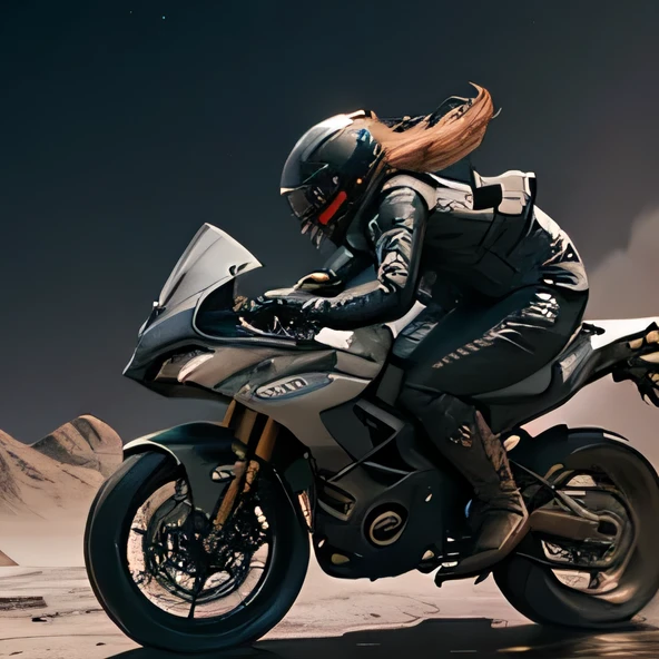 In the vast and desolate lunar landscape, An adventurous young woman speeds by on a motorcycle, Leaves a trail of lunar dust. With skillful control, She navigates the lunar terrain effortlessly, Violation of the law of gravity. Helmet surface sparkles，reflecting strong sunlight, Symbolizing her firm determination to challenge the impossible. as she speeds forward, The reflections of her movements create a mesmerizing display, Every gear change and exciting jump is accompanied by a surreal backdrop that captures the essence of another world.