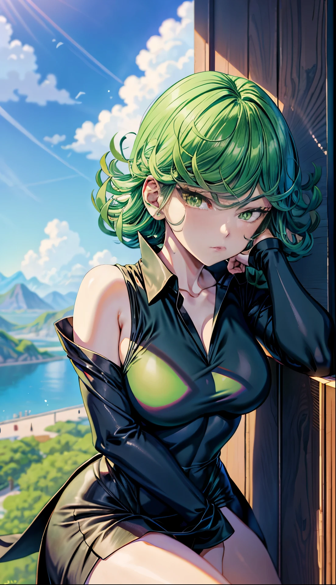 anime girl with green hair and black dress, an anime drawing by Shitao, pixiv, fantasy art, top rated on pixiv, at pixiv, tatsumaki from one punch man, beautiful anime girl,jack-O' pose, bending over, seductive anime girl, the anime girl is crouching, tatsumaki