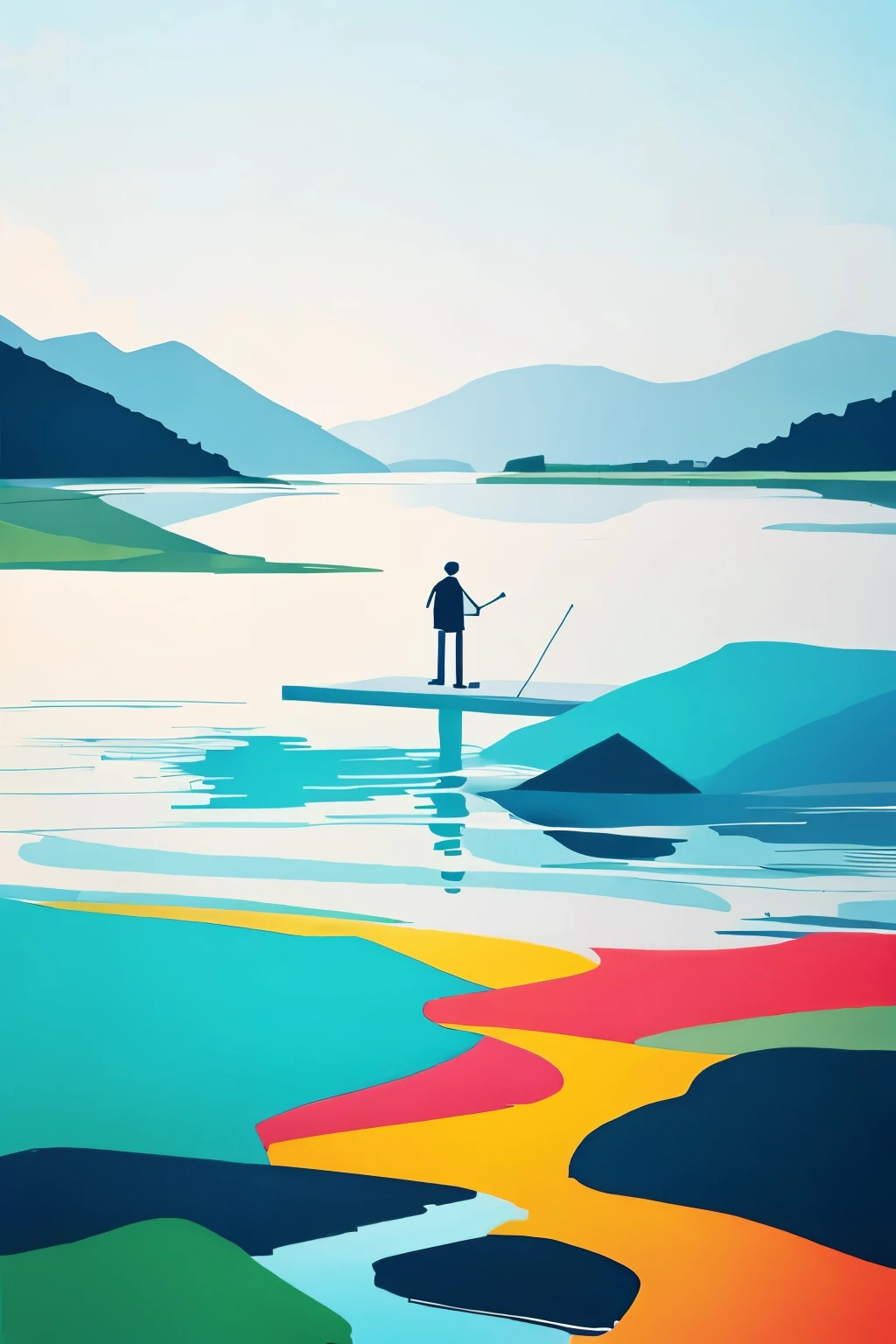 1 Man on the water，minimalist，illustration style，Colorful