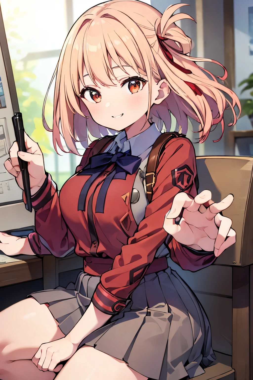 (best quality, ultra-detailed, realistic:1.37), portraits, vivid colors, studio lighting, sharp focus, HDR, A girl with beautiful, detailed orange eyes and a wide grin, blonde hair tied with a hair ribbon, wearing a pleated gray skirt and a stylish red jacket. She has four arms, allowing her to multitask and showcase her productivity. The girl exudes confidence and vibrancy with her expressive eyes and charming smile, capturing her youthful and lively spirit. The warm and vibrant color palette enhances the portrait, bringing out the girl's radiance. The studio lighting highlights her features, creating a sense of depth and dimension. The sharp focus showcases the intricate details of her eyes, hair, and clothing, making the portrait incredibly detailed and lifelike. The realistic rendering techniques used in the artwork give it a photorealistic quality, making it appear as if the girl could come to life at any moment.