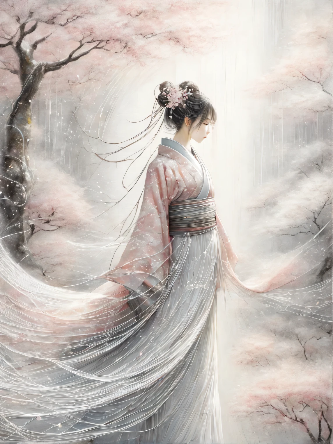 Sakura Girl, very beautiful picture, combining various drawing techniques, Ultra-fine lines and crisp details create the illusion of a three-dimensional image, and the play of light and shadow creates a feeling of living space in the picture, lighting from different sides creates additional illusions, shadows create the illusion of a double image, the interweaving of thin lines creates unimaginable depth and a sense of infinity of space, made in oil and acrylic in combination with pastel and graphite., drawing on rough craft paper, Masterpiece, Master's work, worthy of an award