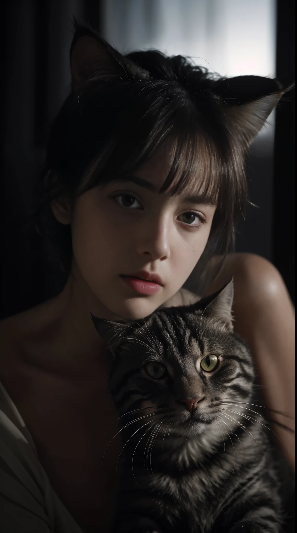 best qualtiy, tmasterpiece, ultra high resolution, (realisticlying:1.5), RAW photogr, 1 cat, adolable, in the darkness nigt, deep shading, low tune, cold light, short hairs