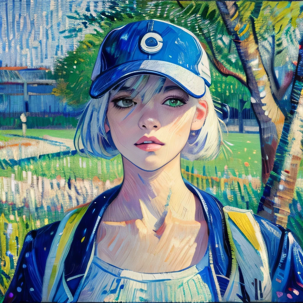 masterpiece, highest quality, 4k, Hmm, mishoujo, painting, beautiful目と詳細な顔, shape, beautiful, high resolution shape, shine_white_particle, 1 girl, white hair, light purple eyes, hair above one eye, Short side details, baseball cap,No expression, blind, black jacket, chest rig, cyber punk, tech wear,(Impressionism:1.4), vincent van gogh