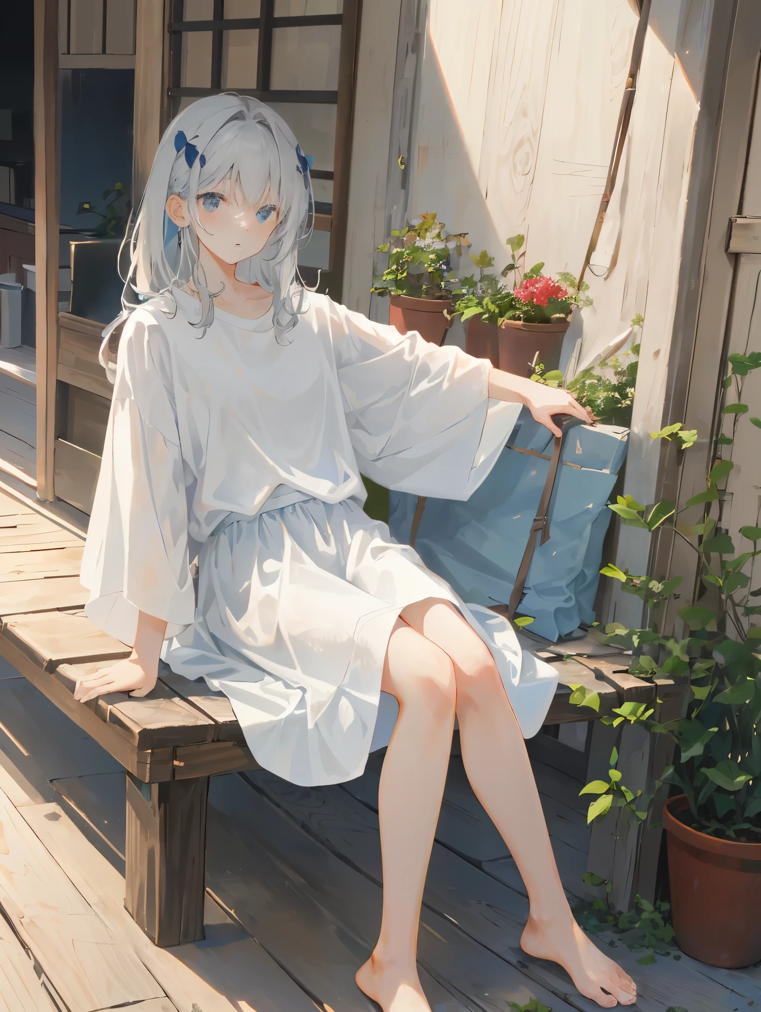 gray hair, barefoot, white silk, white shirt、strong light