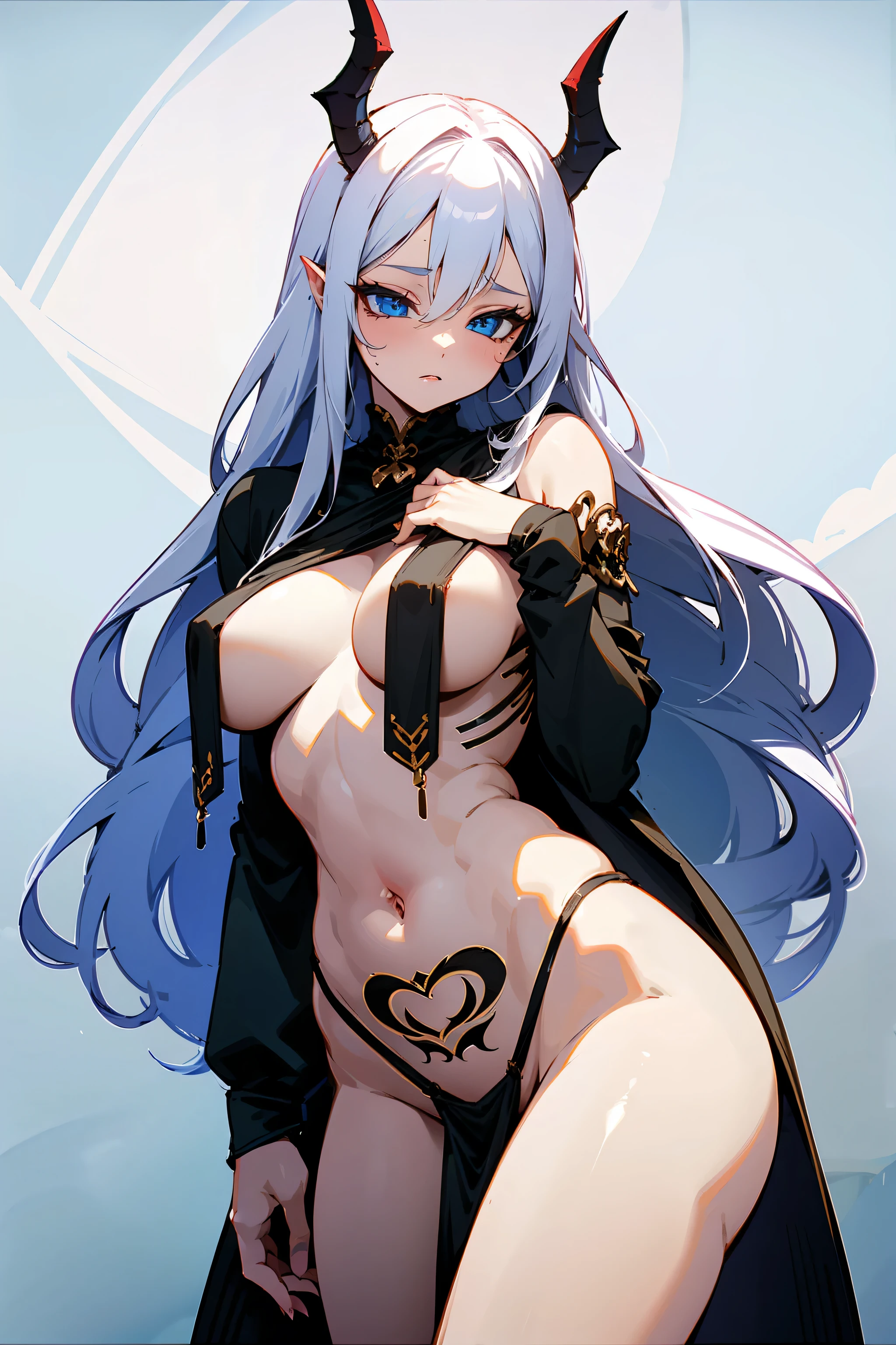 ((1 demon woman))), ((detailed blue eyes)), ((long white hair)), large breasts, curvy hips, perfectly drawn body, lewd expression, breast curtains, see-through, loincloth, harem outfit, womb tattoo, anatomically correct hands, best quality, masterpiece, ultra-detailed