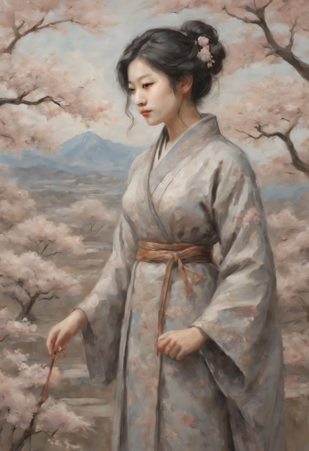 Sakura Girl, very beautiful picture, combining various drawing techniques, Ultra-fine lines and crisp details create the illusion of a three-dimensional image, and the play of light and shadow creates a feeling of living space in the picture, lighting from different sides creates additional illusions, shadows create the illusion of a double image, the interweaving of thin lines creates unimaginable depth and a sense of infinity of space, made in oil and acrylic in combination with pastel and graphite., drawing on rough craft paper, Masterpiece, Master's work, worthy of an award