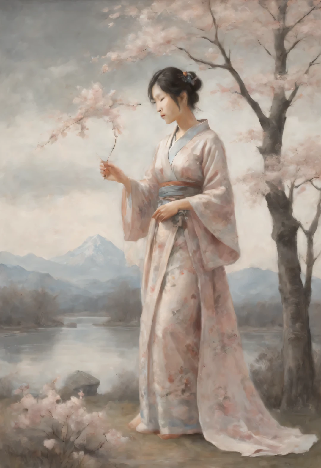 Sakura Girl, very beautiful picture, combining various drawing techniques, Ultra-fine lines and crisp details create the illusion of a three-dimensional image, and the play of light and shadow creates a feeling of living space in the picture, made in oil and acrylic., drawn with pastel and graphite, Masterpiece, Master&#39;s work