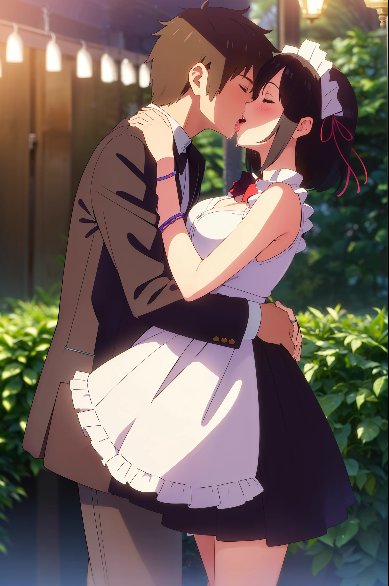 shinkai makoto, kimi no na wa., 1girl, 1boy, bangs, black hair, blush, (boy wear Suspender Clothes), ((girl wear maid dress, short dress, short skirt, maid headdress), bow, ribbon, short hair, cute, love, couple, adorable, Off-the-shoulders, dating, (((kiss, deep kiss, tongue, saliva))), closed eyes, bracelet, passionate hug, Rainforest background, in the forest, park, night, night sky, dynamic lights, scenery