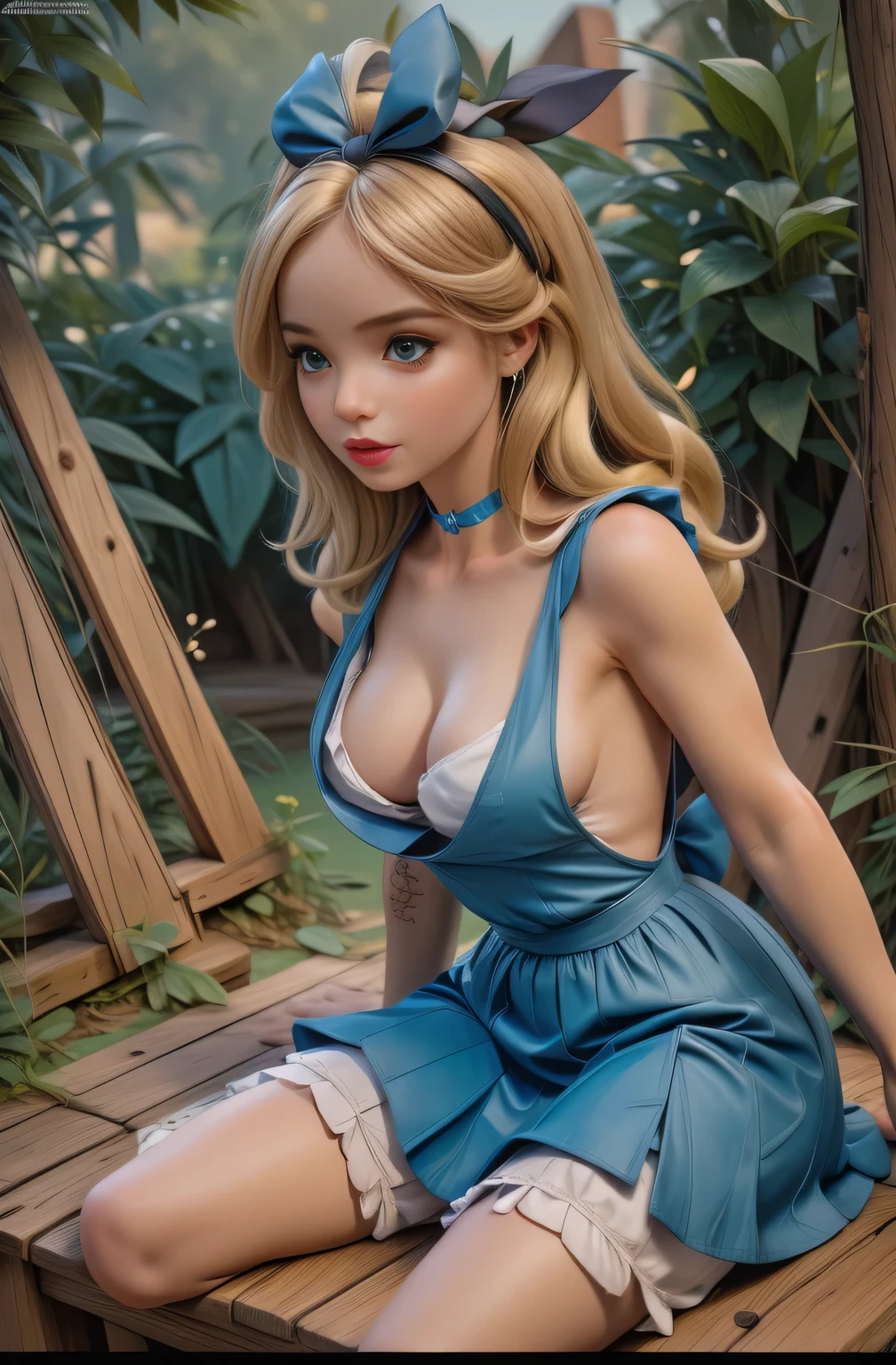 masterpiece, 1girl, solo, make her a sexy Alice in Wonderland with blonde hair, powder blue dress with white apron, white stockings, cleavage, dynamic, ultra high def, 32k, (perfect anatomy:1.5), perfect legs, in the style of Artgerm and Adam Hughes, perfect arms, downblouse