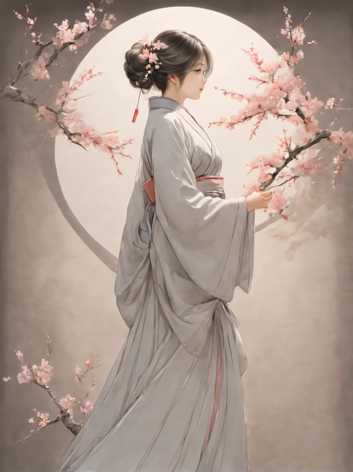 Sakura Girl, very beautiful picture, combining various drawing techniques, Ultra-fine lines and crisp details create the illusion of a three-dimensional image, and the play of light and shadow creates a feeling of living space in the picture, lighting from different sides creates additional illusions, shadows create the illusion of a double image, the interweaving of thin lines creates unimaginable depth and a sense of infinity of space, made in oil and acrylic in combination with pastel and graphite., drawing on rough craft paper, Masterpiece, Master's work, worthy of an award