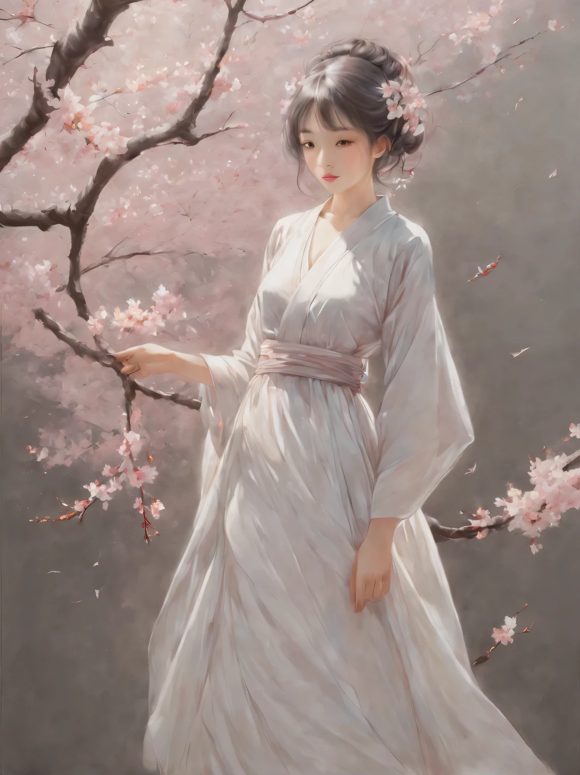 Sakura Girl, very beautiful picture, combining various drawing techniques, Ultra-fine lines and crisp details create the illusion of a three-dimensional image, and the play of light and shadow creates a feeling of living space in the picture, lighting from different sides creates additional illusions, shadows create the illusion of a double image, the interweaving of thin lines creates unimaginable depth and a sense of infinity of space, made in oil and acrylic in combination with pastel and graphite., drawing on rough craft paper, Masterpiece, Master's work, worthy of an award
