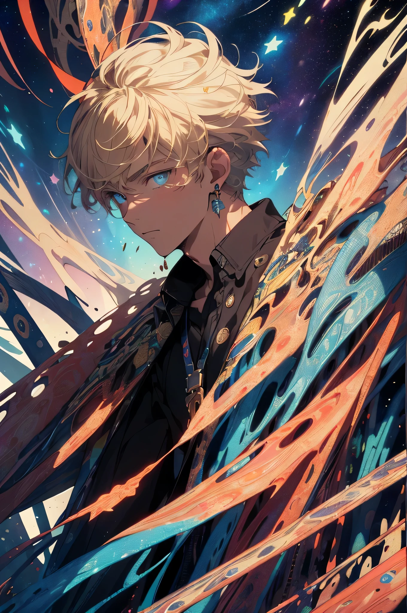 actual, (masterpiece, top quality, best quality, official art, Beauty and Aesthetics: 1.2), Very detailed, Fractal art, colorful, most detailed, tangled, (abstract background: 1.5) (1 boy: 1.3), God, blonde hair, short hair, (glowing blue eyes, starry sky, handsome man, (((Glorious Licorice)))