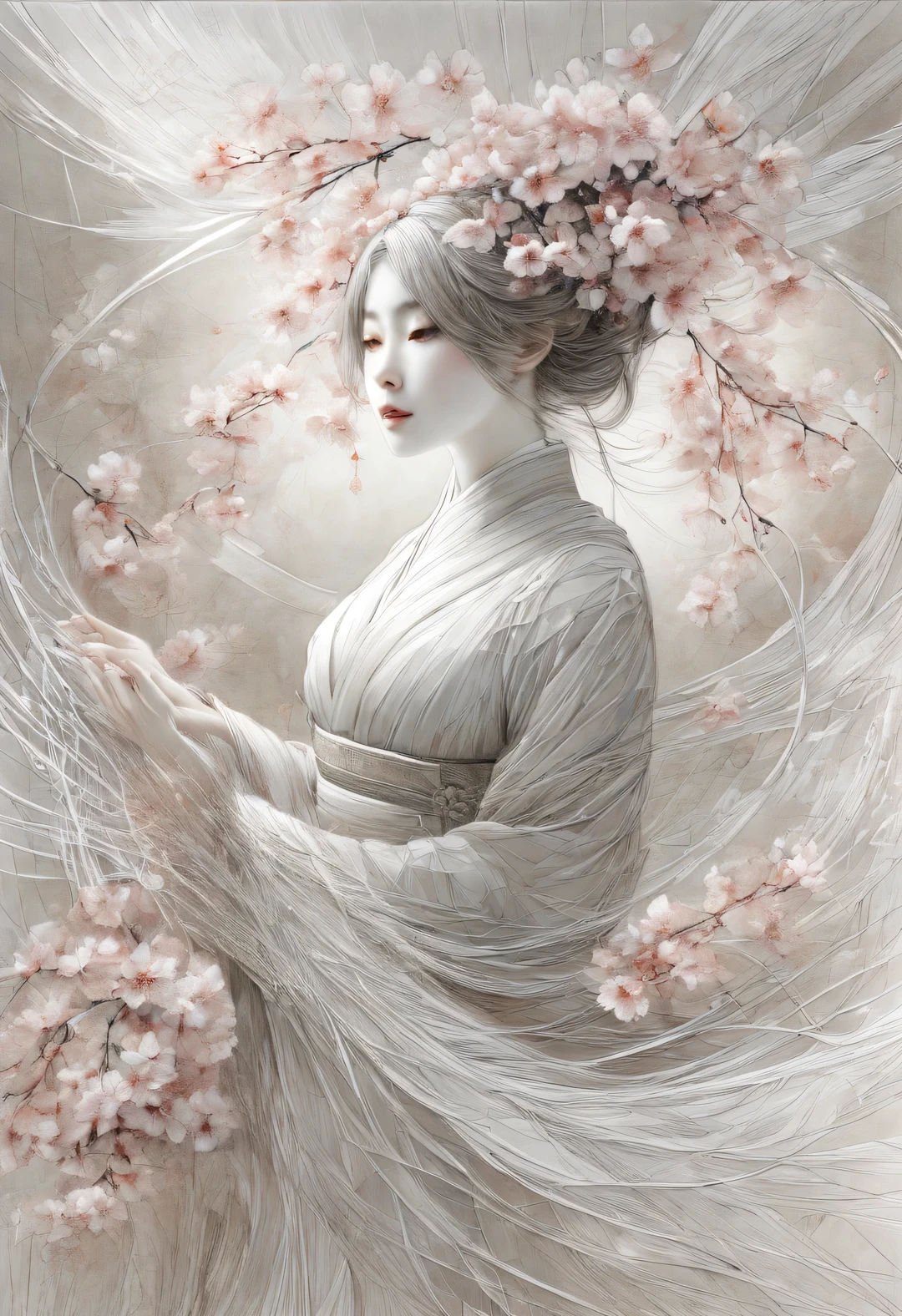 Sakura Girl, very beautiful picture, combining various drawing techniques, Ultra-fine lines and crisp details create the illusion of a three-dimensional image, and the play of light and shadow creates a feeling of living space in the picture, lighting from different sides creates additional illusions, shadows create the illusion of a double image, the interweaving of thin lines creates unimaginable depth and a sense of infinity of space, made in oil and acrylic in combination with pastel and graphite., drawing on rough craft paper, Masterpiece, Master's work, worthy of an award