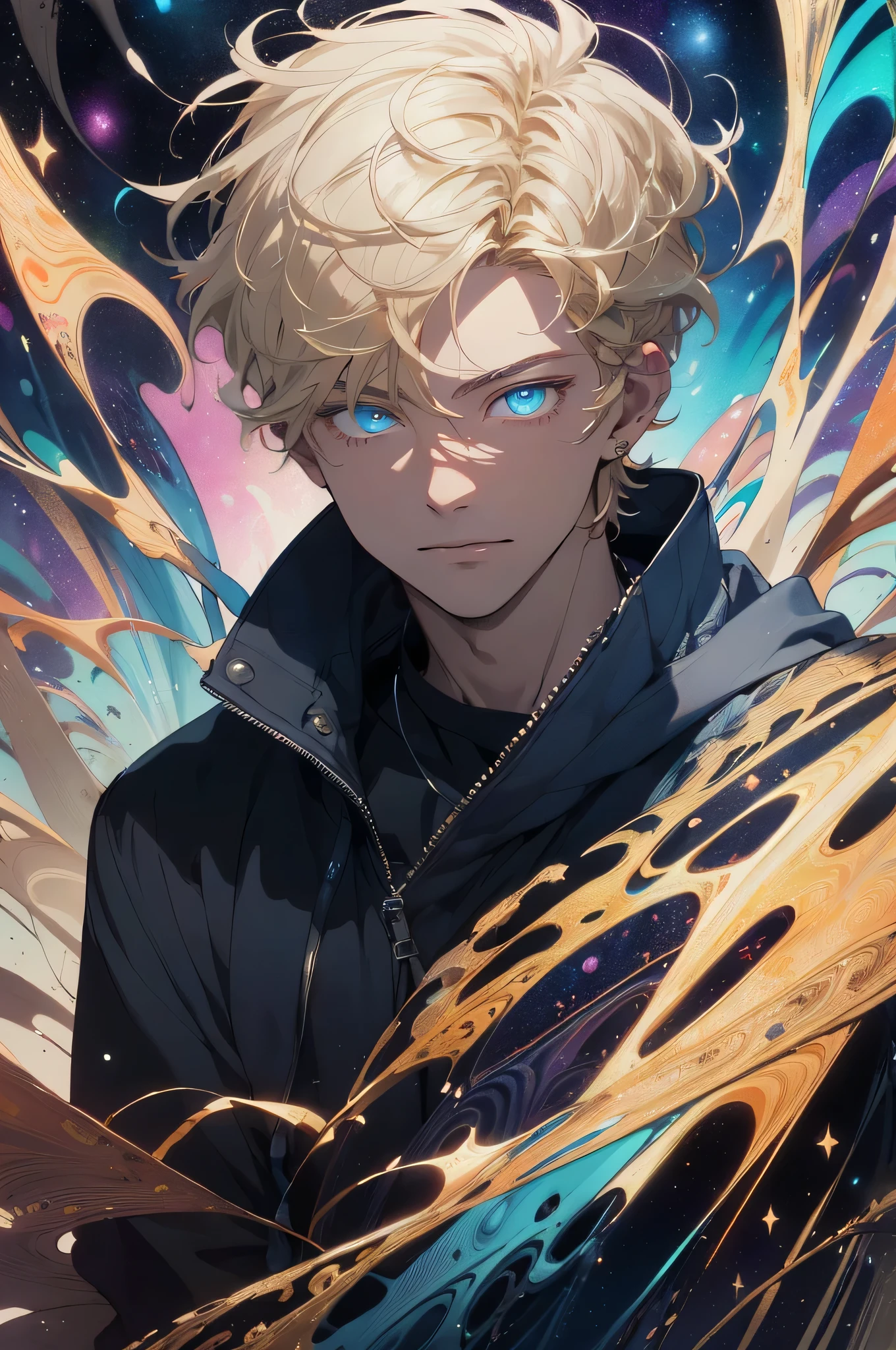 actual, (masterpiece, top quality, best quality, official art, Beauty and Aesthetics: 1.2), Very detailed, Fractal art, colorful, most detailed, tangled, (abstract background: 1.5) (1 boy: 1.3), God, blonde hair, short hair, (glowing blue eyes, starry sky, handsome man, (((Glorious Licorice)))