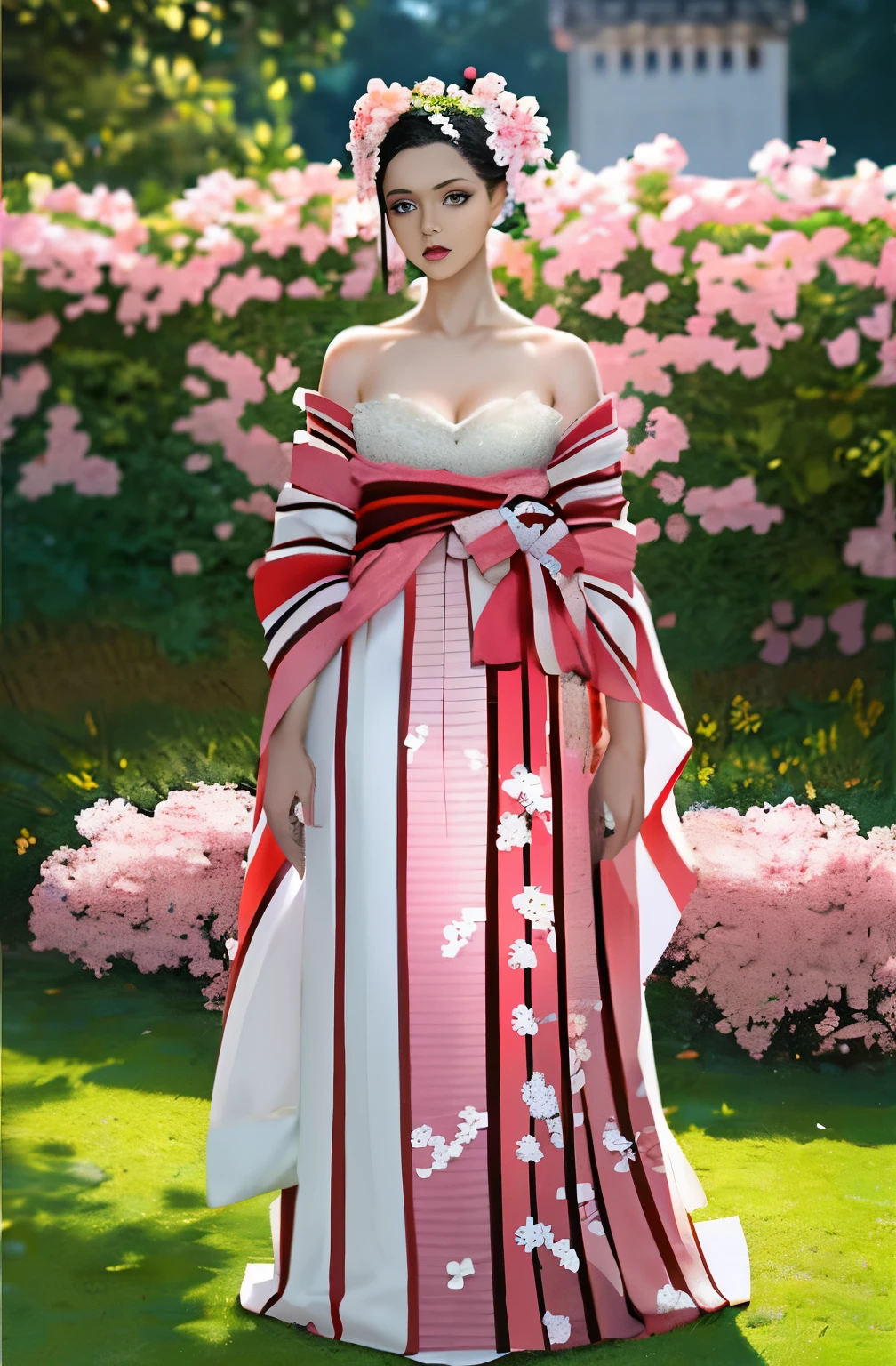 Woman, look at viewer, French braid hair , Sakura kimono ,  garden landscape design, (rim light) cherry blossom grove kimono., hair ornaments 