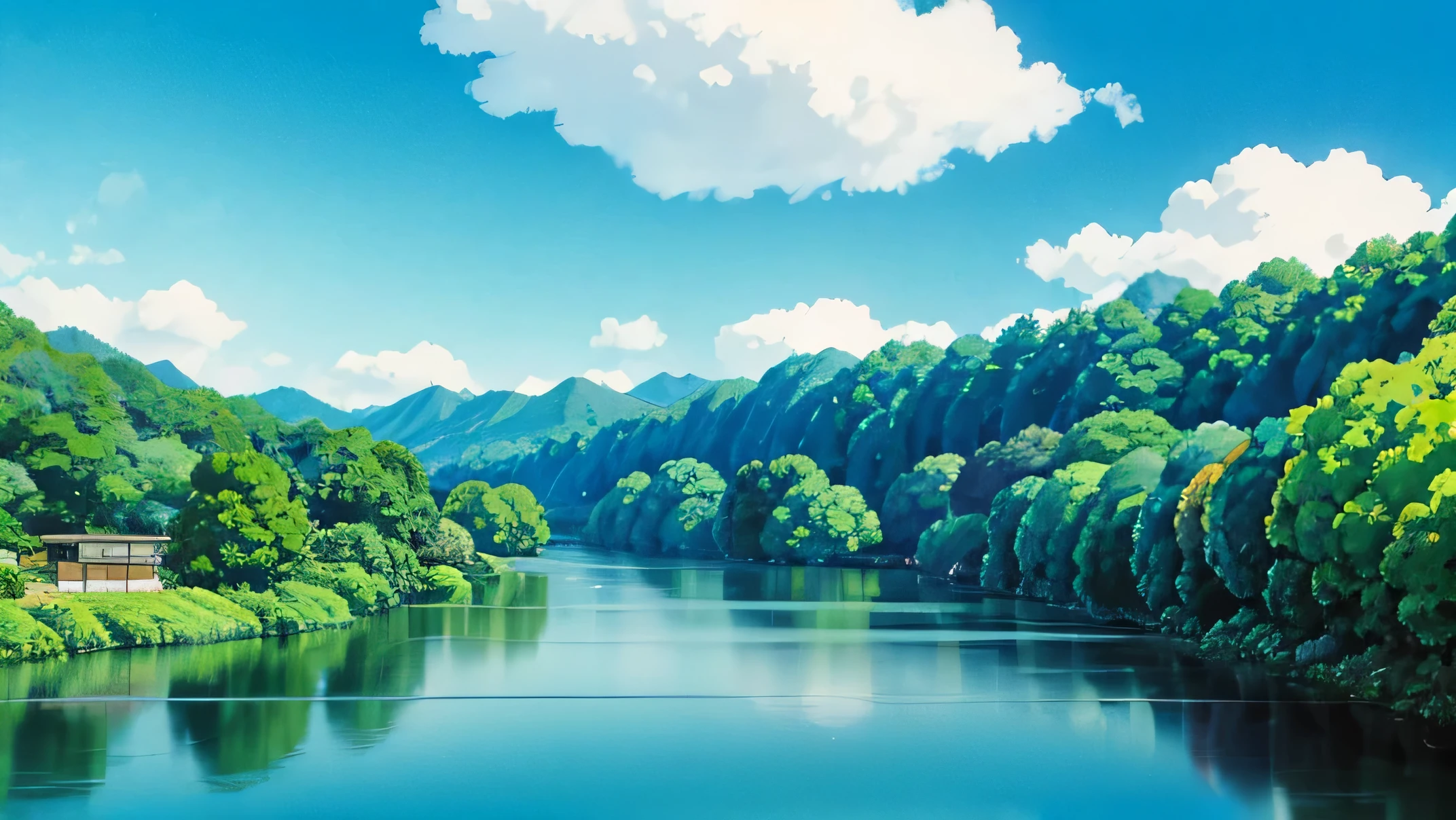 Japanese countryside scenery、river flow、blue sky、studio ghibli style
