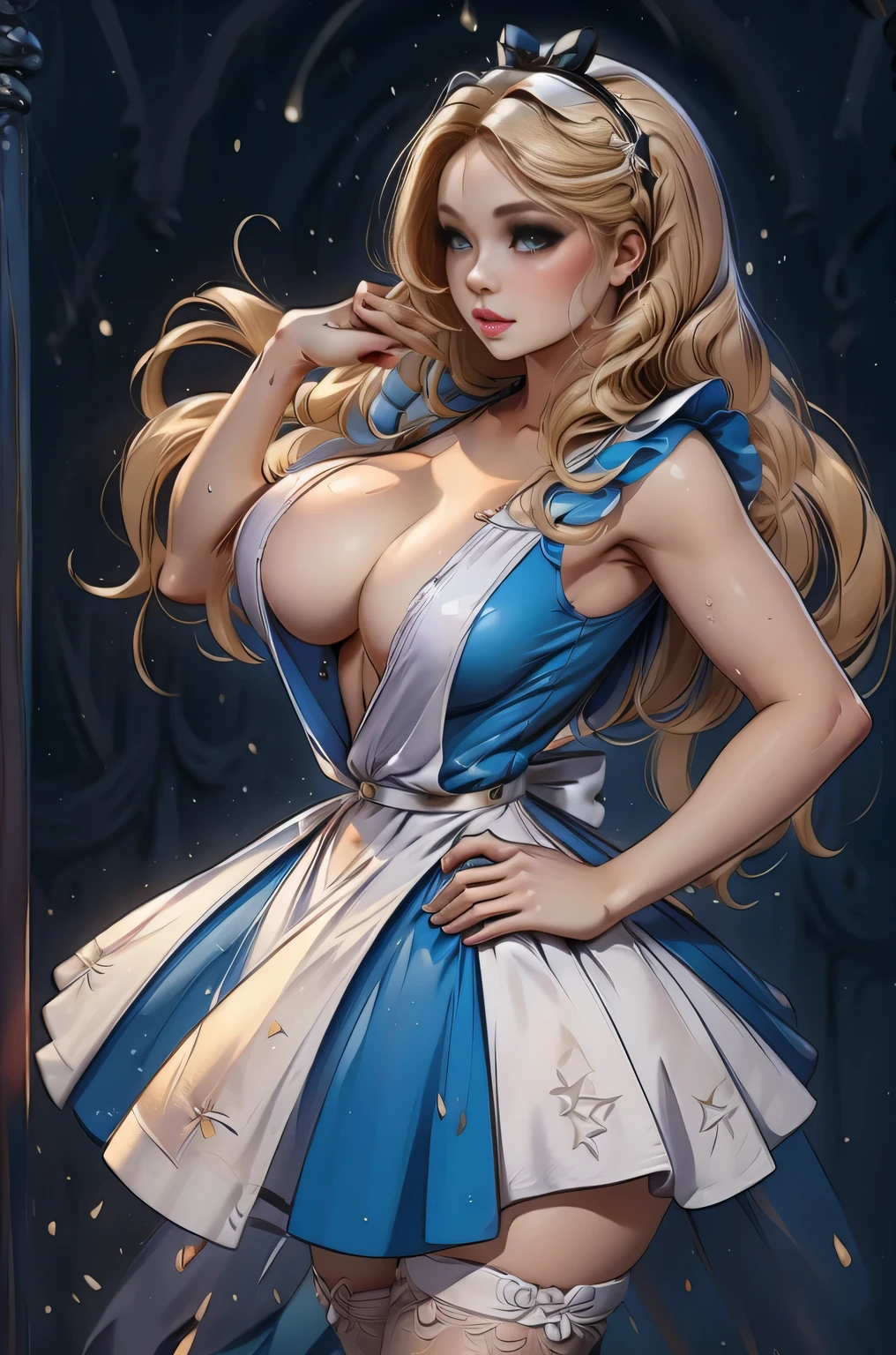 masterpiece, 1girl, solo, make her a sexy Alice in Wonderland with blonde hair, powder blue dress with white apron, white stockings, cleavage, dynamic, ultra high def, 32k, (perfect anatomy:1.5), perfect legs, in the style of Artgerm and Adam Hughes, perfect arms, downblouse